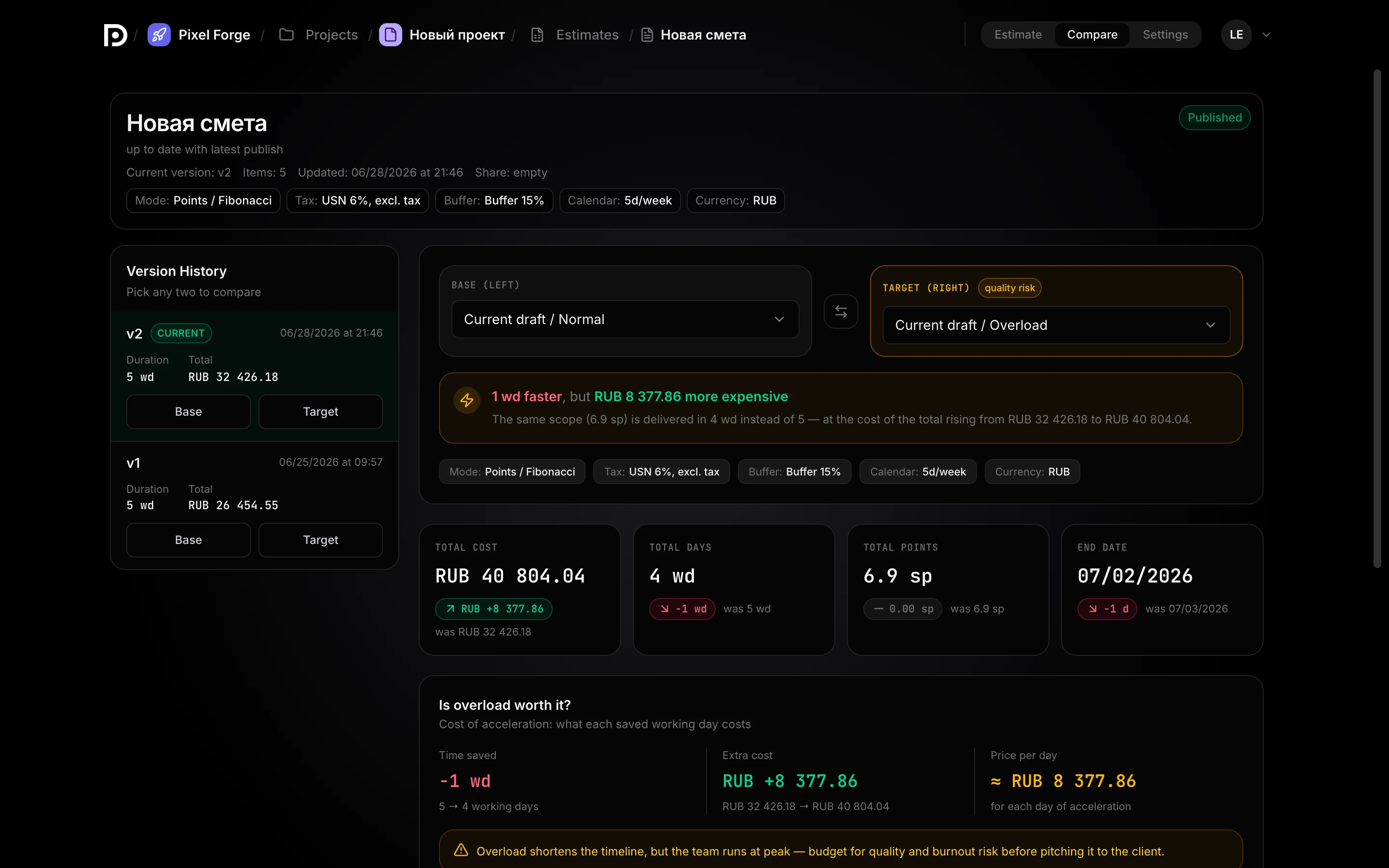Version comparison v3 → v4: per-line diff, −$1,372
