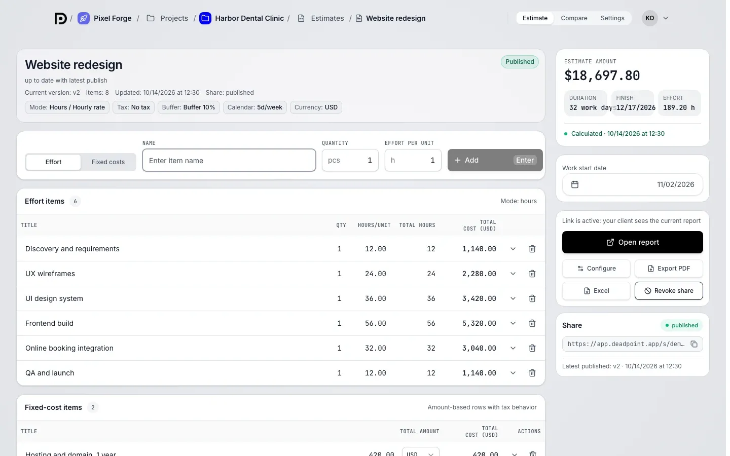 Dead Point estimate editor: Estimate and Compare tabs, effort items and Quick add