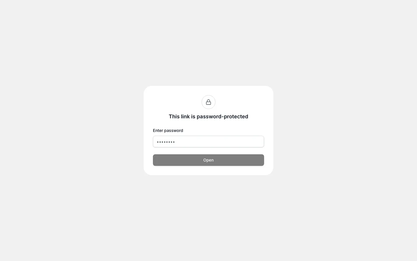 Screen of a password-protected client link: the Enter password field and the Open button