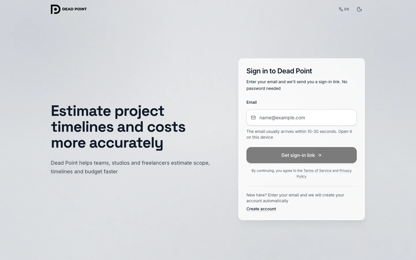 Dead Point sign-in screen: the email field and the Get sign-in link button