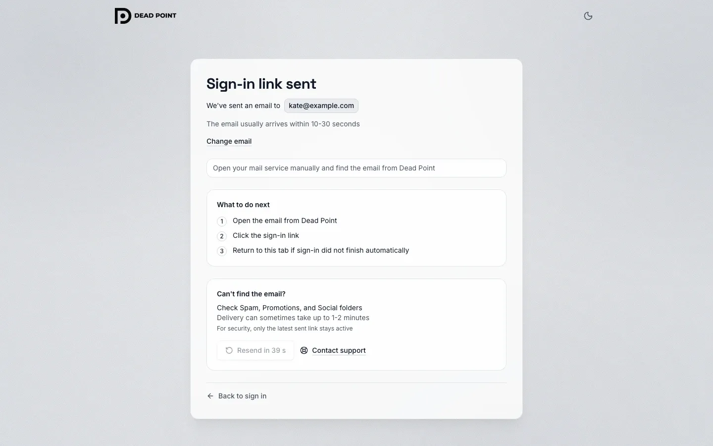 Screen after the email is sent: Sign-in link sent and the resend button