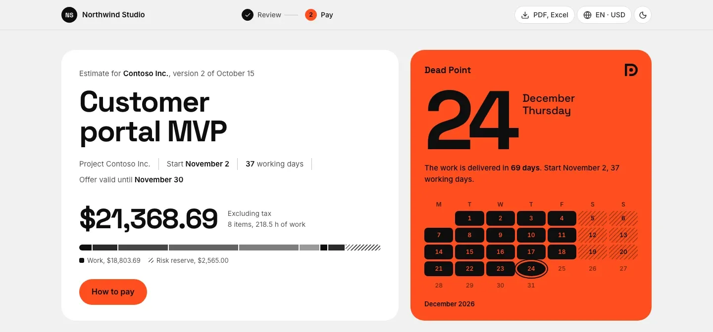 First screen of the client link: the estimate card with a $21,368.69 price and the Dead Point poster with December 24