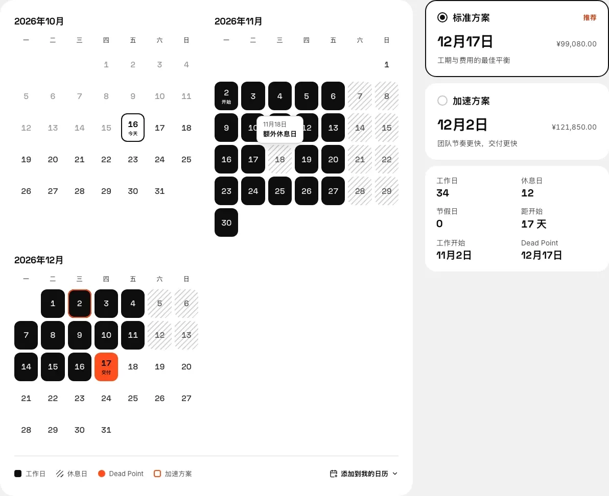 带有展开提示的时间线日历：11 月 18 日标为「额外休息日」，右侧是交付选项和统计
