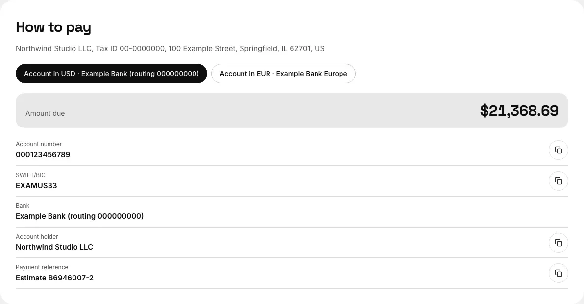 How to pay section: USD and EUR account tabs, the $21,368.69 amount due, account number, SWIFT/BIC, bank, holder and payment reference with copy buttons