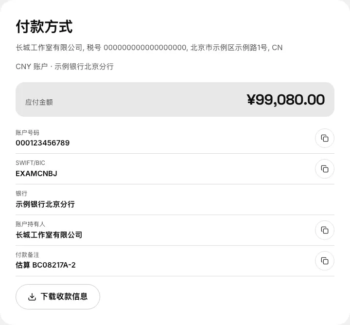 付款方式部分：CNY 账户、应付金额 ¥99,080.00、账户号码、SWIFT/BIC、银行、持有人和带复制按钮的付款备注