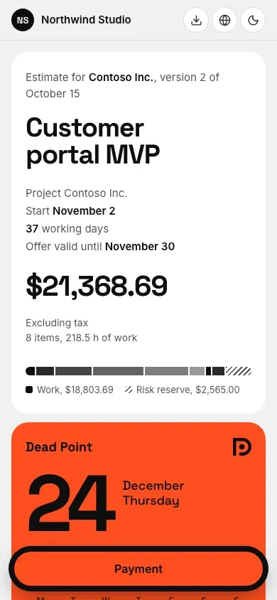 The client link on a 390 px phone: the estimate card and the bottom bar with the Payment button