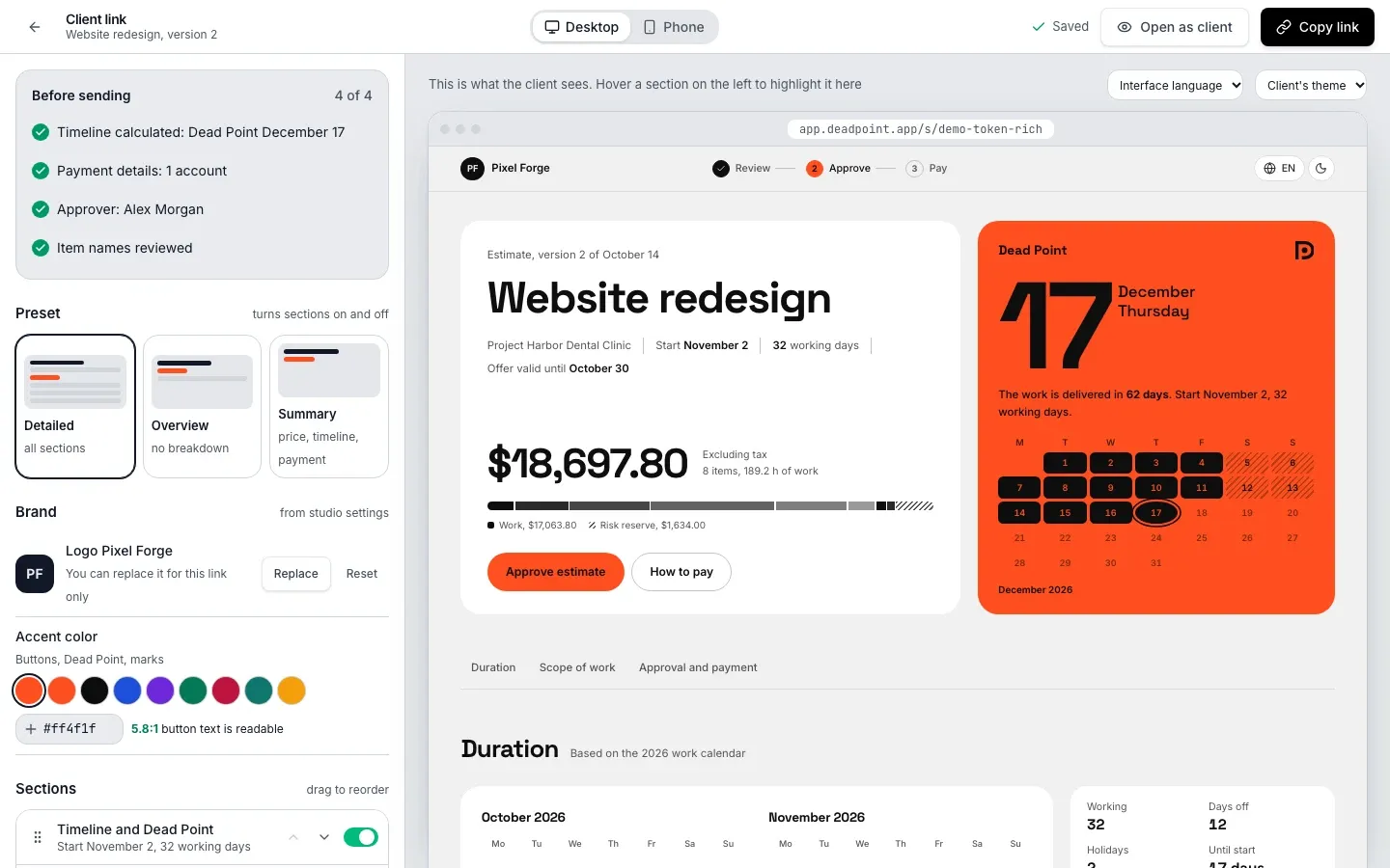 Client link editor: settings on the left, live preview on the right, sample data