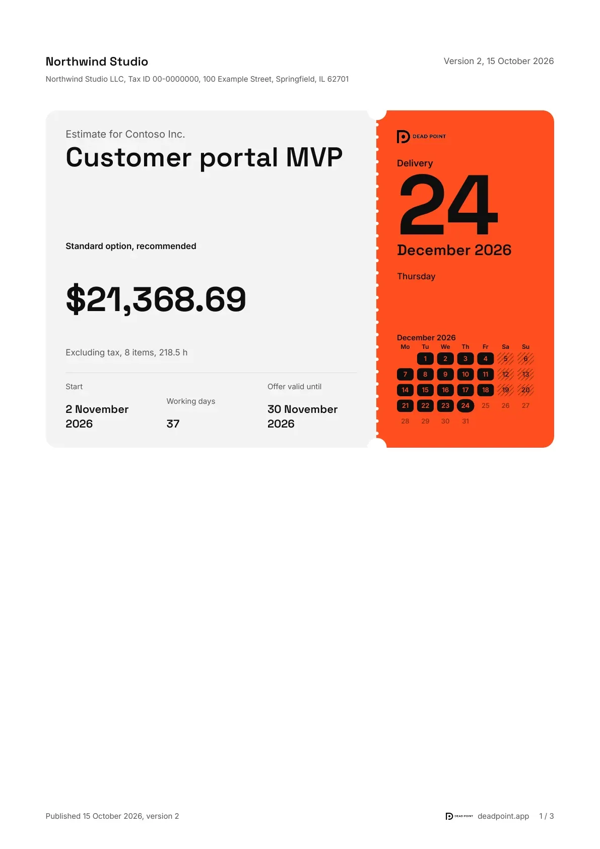 First PDF page: the cover with the price, a stub in the link color with the delivery date and calendar, the timeline and the start of the scope