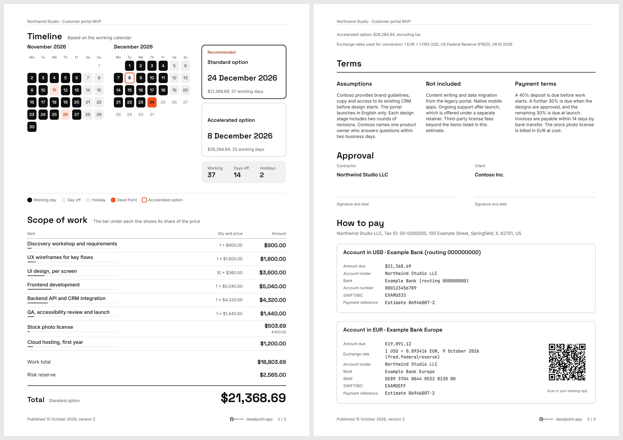 PDF pages 2 and 3: the timeline, scope items in USD with the original amount in EUR, the rate footnote, terms, approval and the payment section with two accounts and a QR code