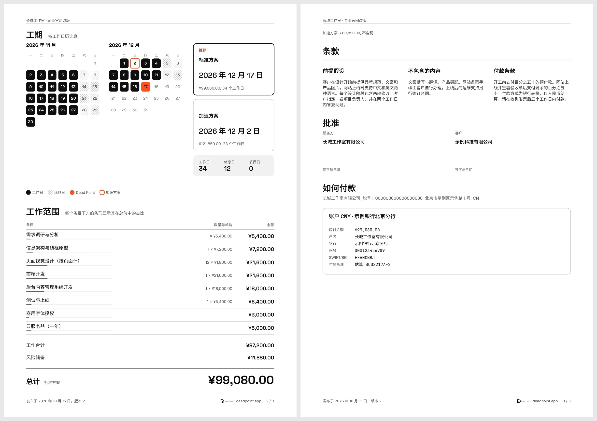 PDF 第 2 页和第 3 页：时间线、以 CNY 计的工作范围条目、工作合计与风险储备、条款、批准，以及带 CNY 账户的付款部分