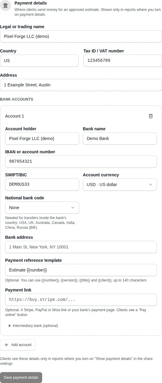Workspace settings, the Payment details block with a USD account, sample data