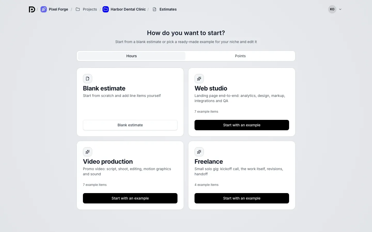 How do you want to start screen: Hours and Points toggle, cards Blank estimate, Web studio, Video production and Freelance with Start with an example buttons