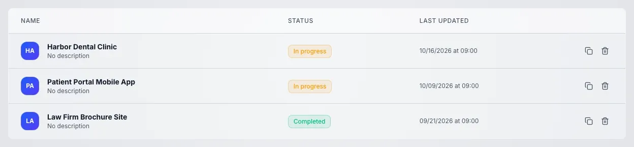 Workspace project list: every row has a copy project button next to the trash can