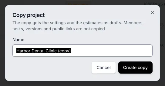 The Copy project window: the Name field holds Harbor Dental Clinic (copy), the Cancel and Create copy buttons are below