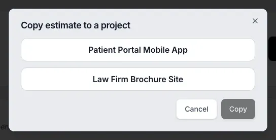 The Copy estimate to a project window: a list of two workspace projects, Cancel and Copy buttons