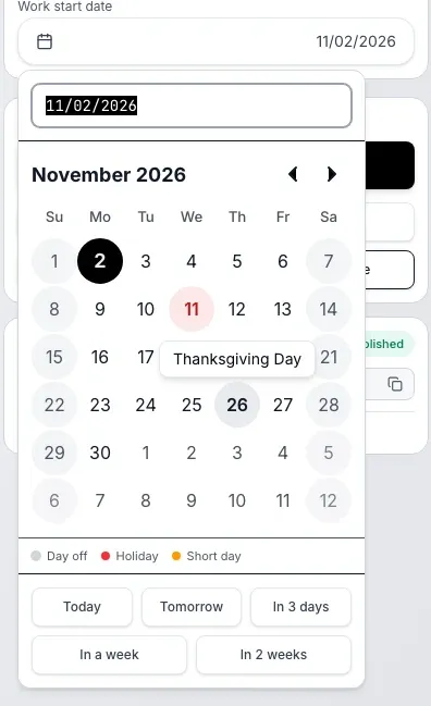 Start date calendar: the hint on November 26 names the day, Thanksgiving Day