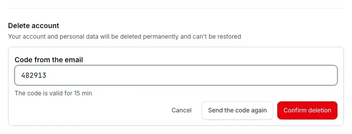 The account deletion section with the field for the code from the email and the buttons Cancel, Send the code again and Confirm deletion