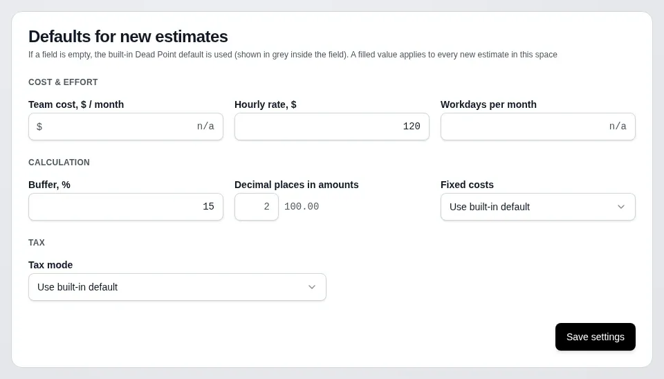 Estimation tab of the workspace settings, the Defaults for new estimates block: an hourly rate of 120 and a buffer of 15 percent set through the agent