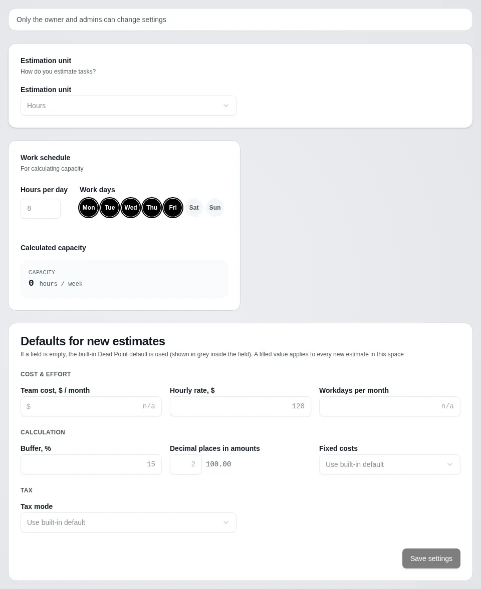 The same tab for a workspace member: a hint above the blocks says only the owner and admins can change settings, the fields and the save button are disabled