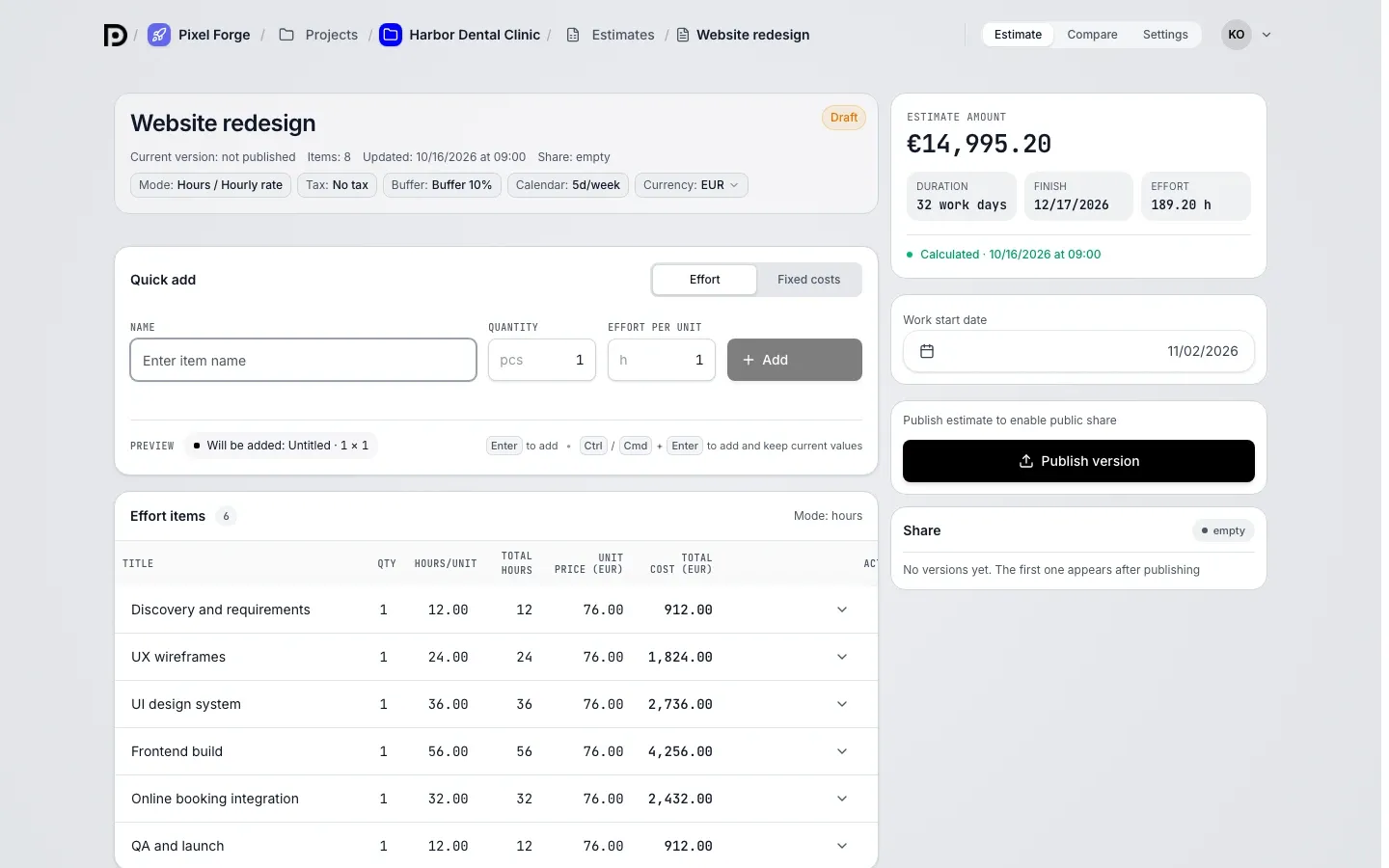 The Website redesign draft after the switch to EUR: the EUR currency in the header, an hourly price of 76.00 in the rows, the estimate amount €14,995.20