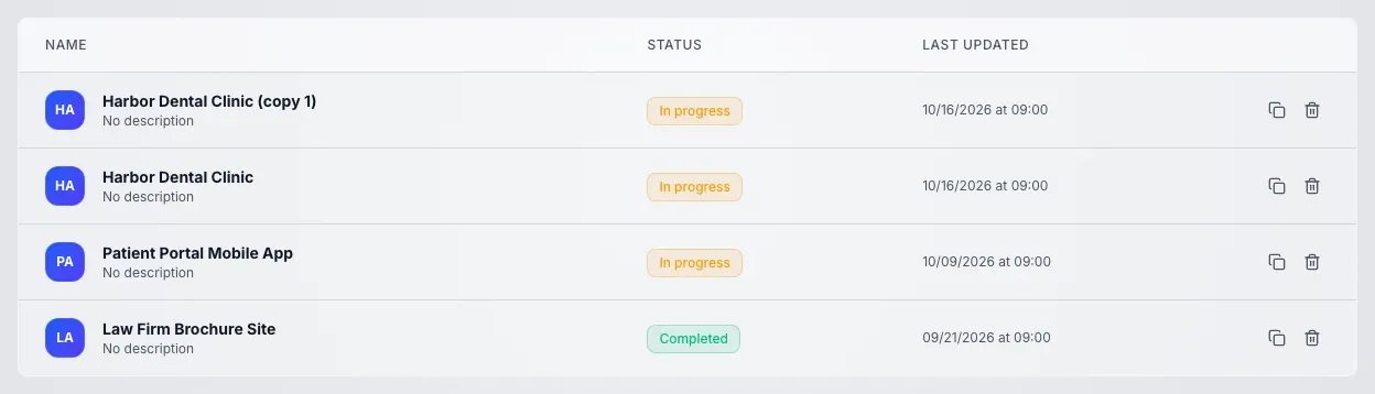The workspace project list: the first row is the copy Harbor Dental Clinic (copy 1) with the In progress status, below it the original project and two more projects