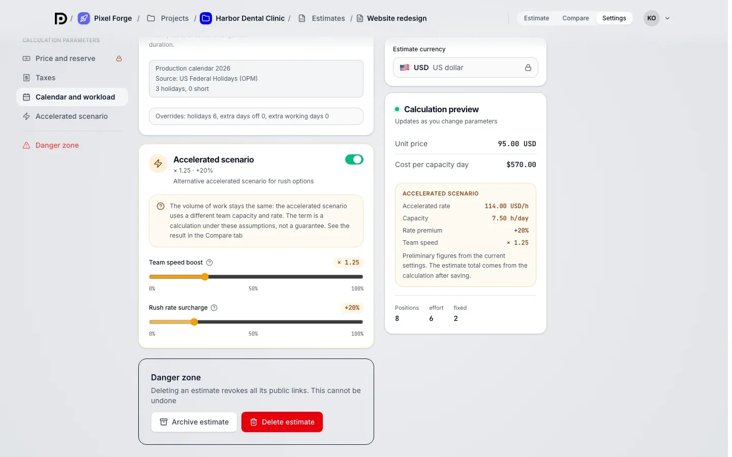 Accelerated scenario group on the Settings tab: toggle, speed boost and surcharge sliders, preliminary result