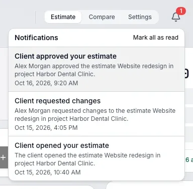 Notifications panel in the app header: three entries about the client's actions, the new one with badge 1 and the Mark all as read button