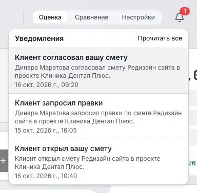 Панель уведомлений в шапке приложения: три записи о действиях клиента, у нового бейдж 1 и кнопка Прочитать все