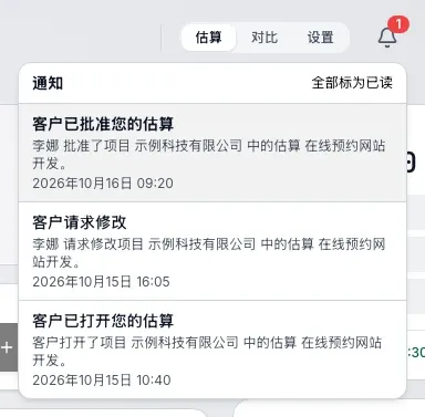 应用顶部的通知面板：三条关于客户操作的记录，最新一条带有徽标 1 和全部标为已读按钮