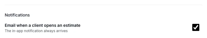 The Notifications block on the Profile tab: the switch for the email when a client opens an estimate