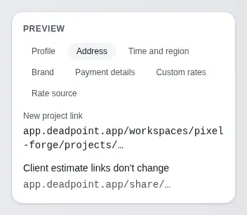 The preview panel in workspace settings: on the Address tab it shows the new project link and a note that client estimate links do not change
