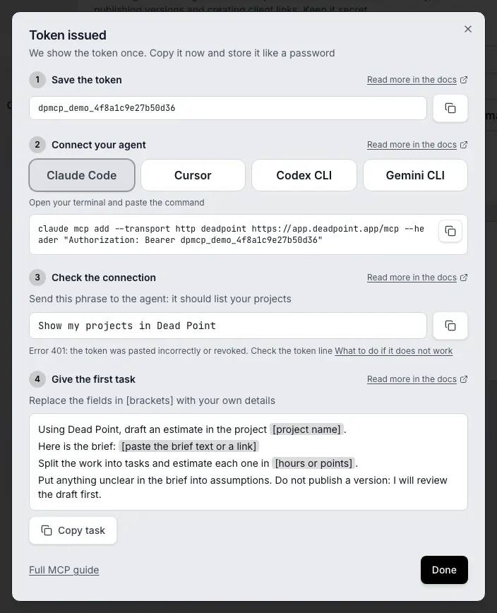 The Token issued window, step Connect your agent: Claude Code is selected, a hint to open the terminal above the command, a Copy button next to it