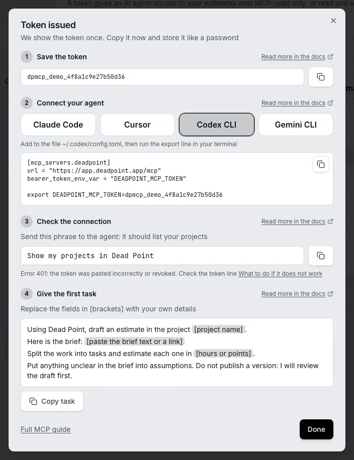The Token issued window, step Connect your agent: Codex CLI is selected, a hint about the file ~/.codex/config.toml and the export line, a block with a Copy button