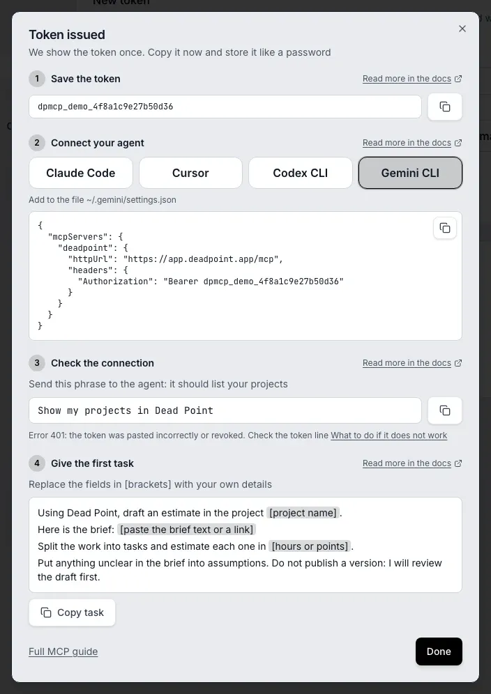 The Token issued window, step Connect your agent: Gemini CLI is selected, a hint about the file ~/.gemini/settings.json and a block with a Copy button
